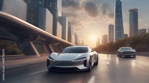 futuristic electric sports car driving in city highway with full self driving system parked at battery charging station network infrastructure wide banner hud datum with copy space area photo