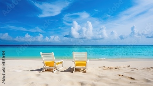 Two deck chairs for sunbathing on the beach, sunny beach view, clear sky. blue sky and white clouds