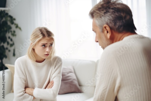 Blonde girl hold hands crossed, sit at sofa and talk with man at home, teen daughter and middle aged father argument, adolescence problems, two generation conflict concept photo