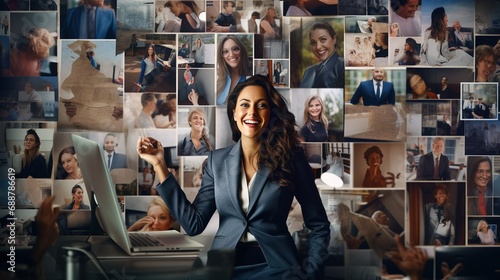 A mosaic featuring various snapshots of a happy and confident businesswoman excelling in her professional life, from networking events to client meetings photo