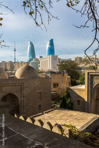 The panoramic view of the old town and modern buildings in Baku city, capital of Azerbaijan