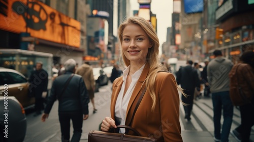 A professional woman with a bright smile navigating a busy city street, briefcase in hand