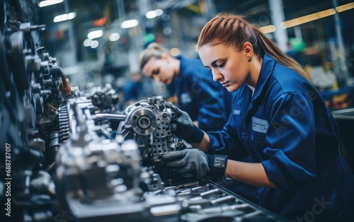Female worker in a modern automotive manufacturing plant, confidently operating machinery