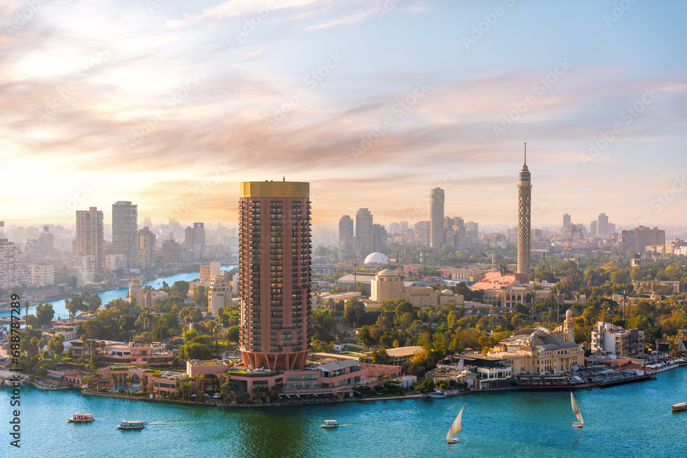 Gezira island on the Nile at sunset, exclusive aerial view of Cairo, Egypt - obrazy, fototapety, plakaty 