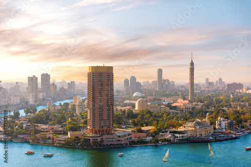 Gezira island on the Nile at sunset, exclusive aerial view of Cairo, Egypt