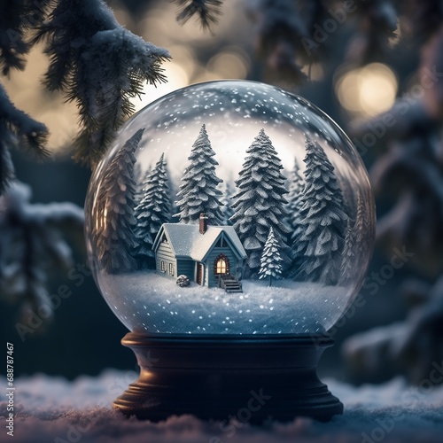 Snow globe on the snow, outdoors, in nature, among pine trees in snowy cold winter landscape, magic mise en abime, small magical world, beautiful decoration and gift, Christmas ornament photo