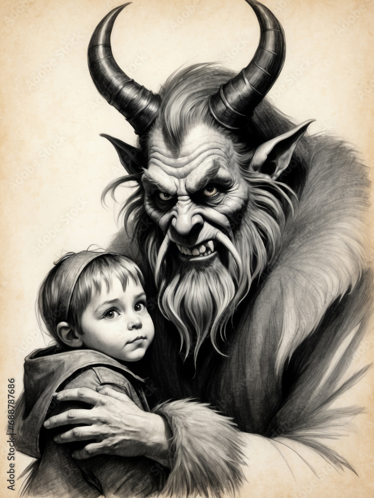 Child and Krampus in Heartwarming Folkloric Christmas Scene 45 Child and Krampus in Heartwarming Folkloric Christmas Scene 45