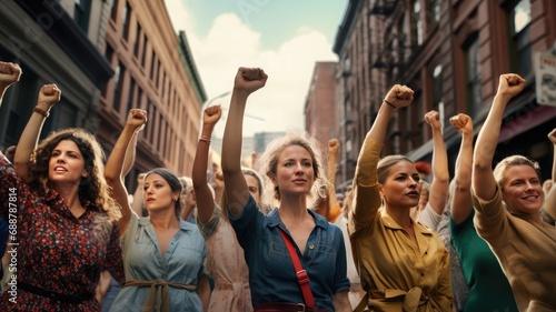 Womens Day. Group of united modern women claiming their power raising his fists in the streets Generative AI
