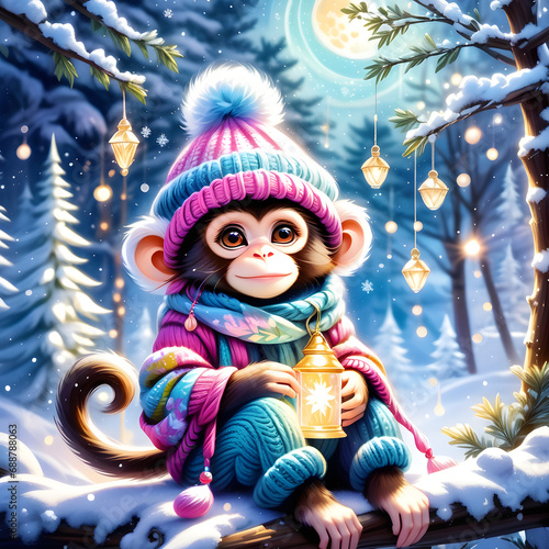 Fantasy's cutest fluffiest pair of lady monkeys wears warm clothes and a knitted hat sitting. They are so cute and fluffy that you can't help but love them! Their warm clothes and hat keep them cozy i photo