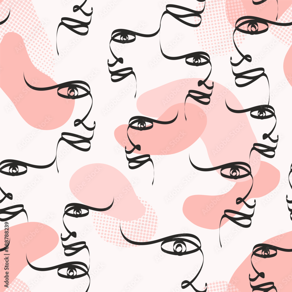 Female face abstract one line drawings in pink color pattern. Vector seamless pattern design for textile, fashion, paper, packaging, wrapping and branding Female face abstract one line drawings in pink color pattern. Vector seamless pattern design for textile, fashion, paper, packaging, wrapping and branding