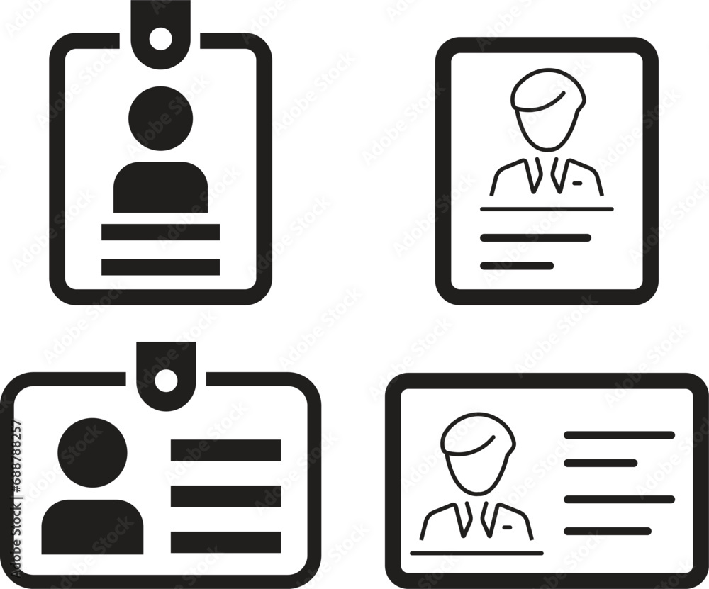 ID Card icon set. Identification card flat, outline black vector