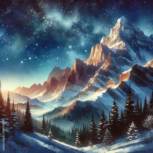 冬の雪山の美しい夜景と雪景色、満点の星空、背景、風景、生成AIイラスト photo