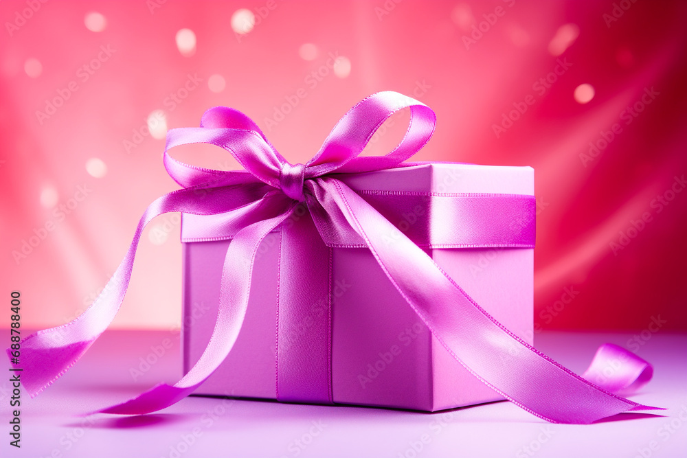 Gift box wrapped in purple paper with a purple satin bow on a pink background. Gift box wrapped in purple paper with a purple satin bow on a pink background.