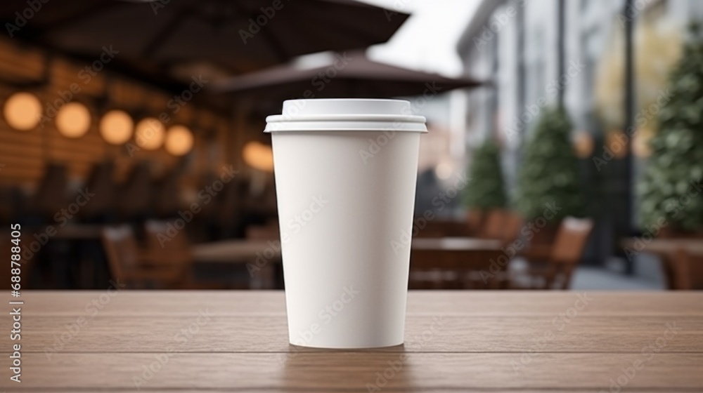 paper coffee cup with blank front, realistic on a mockup template in a luxury restaurant paper coffee cup with blank front, realistic on a mockup template in a luxury restaurant