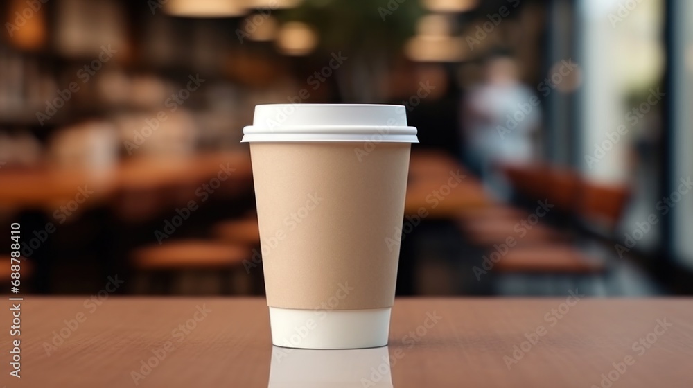 paper coffee cup with blank front, realistic on a mockup template in a luxury restaurant paper coffee cup with blank front, realistic on a mockup template in a luxury restaurant
