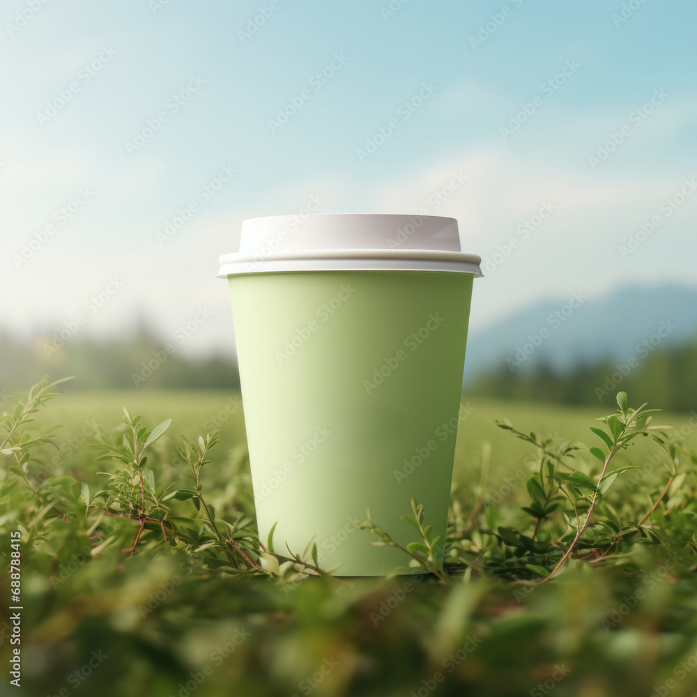 paper coffee cup with blank front, realistic on a mockup template in a green meadow, paper coffee cup with blank front, realistic on a mockup template in a green meadow,