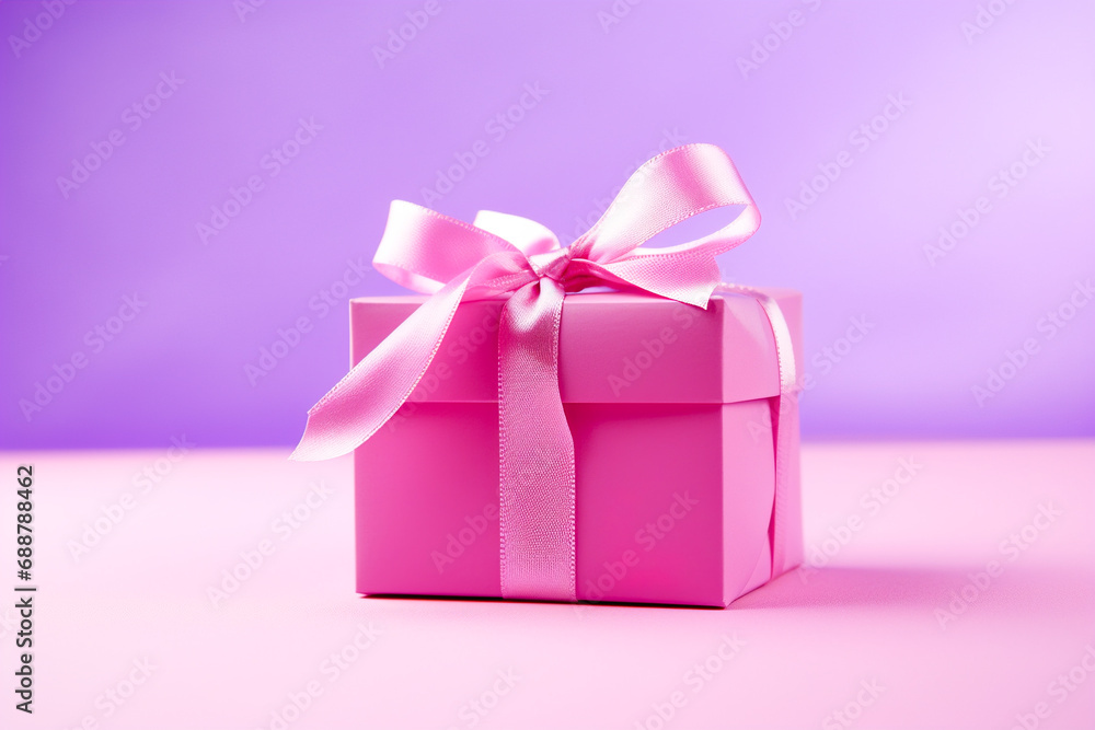 Gift box wrapped in pink paper with a pink satin bow on a pink background. Gift box wrapped in pink paper with a pink satin bow on a pink background.