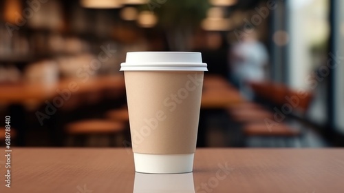 paper coffee cup with blank front, realistic on a mockup template in a luxury restaurant photo