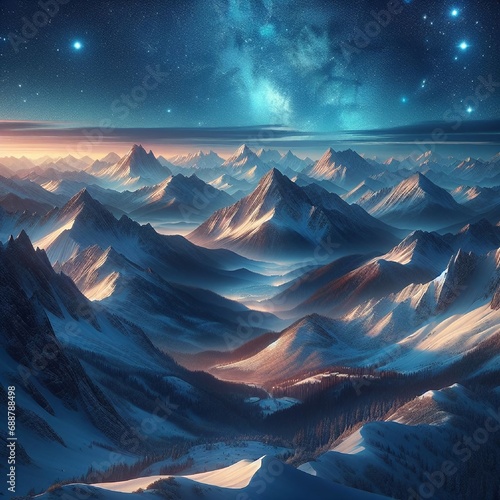 冬の雪山の美しい夜景と雪景色、満点の星空、背景、風景、生成AIイラスト photo