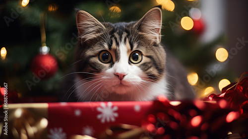 Beautiful domestic cat near the Christmas tree on the eve of the holiday
