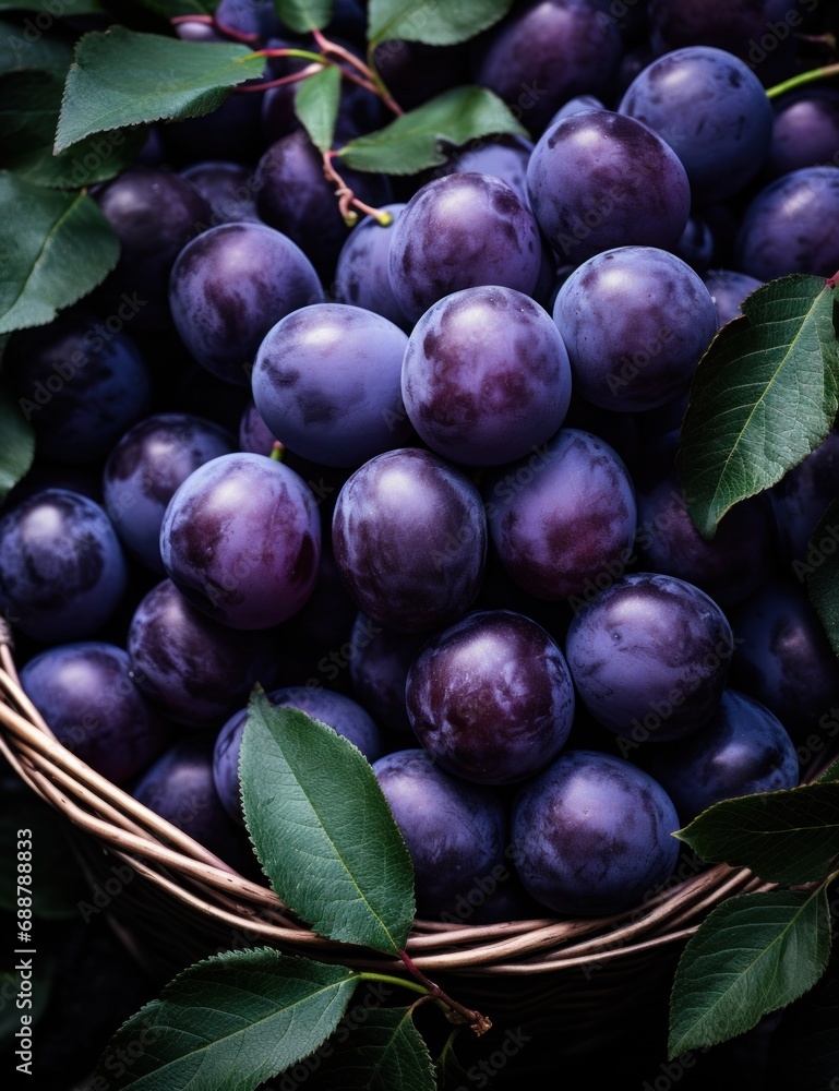 Fototapeta premium ripe plums in basket on tree, dark purple,