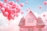 Valentines day. Pink balloons in shape of heart near pink house. AI generated