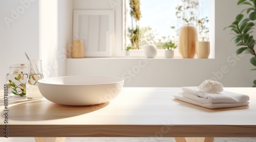 simple dining table in the white bathroom,
