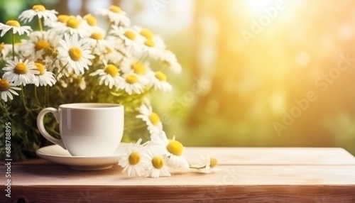 small cup with chamomile and flowers on wooden background 