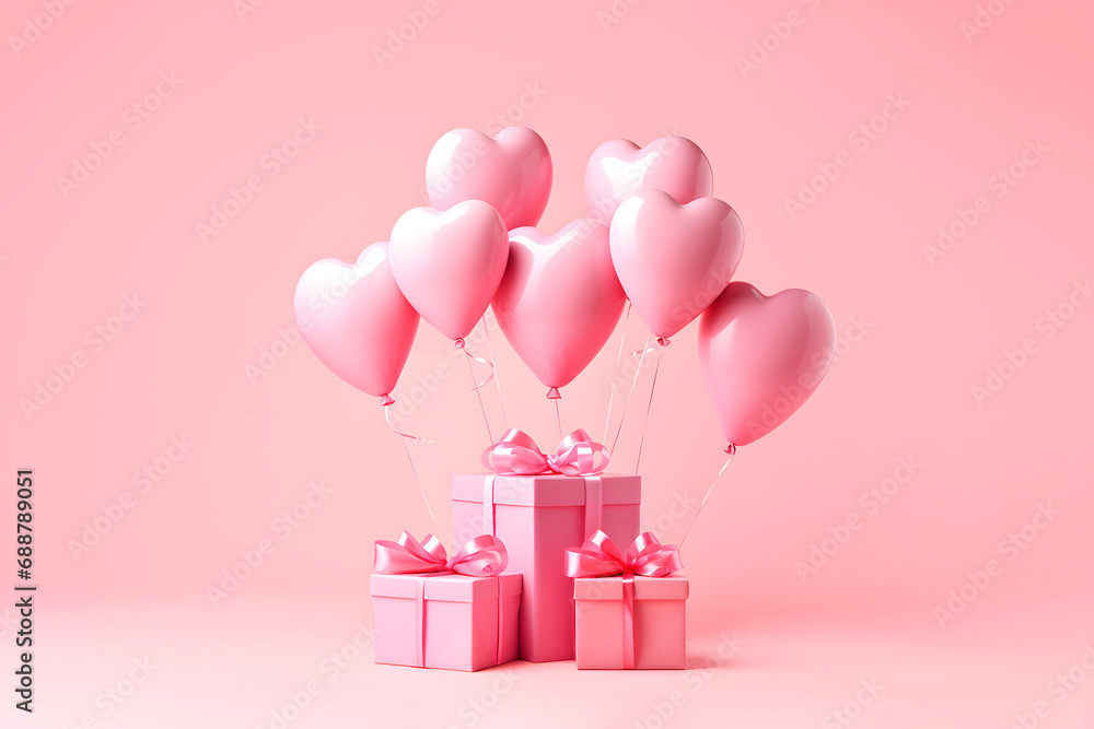 Valentines day. Gift boxes with balloons in shape of heart on pink background. AI generated