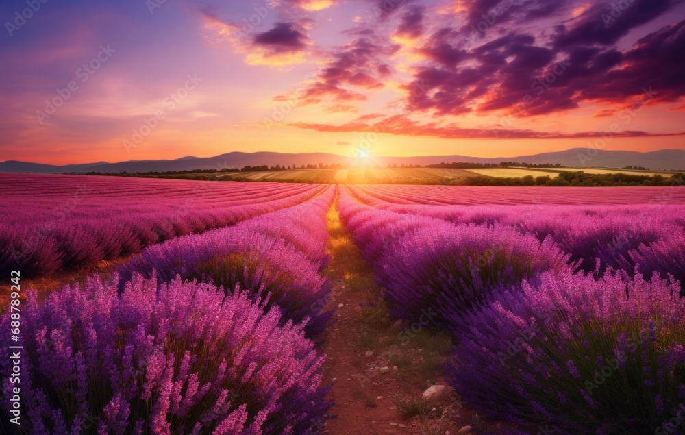 sunrise sun over lavender field in summer, sunrise sun over lavender field in summer,
