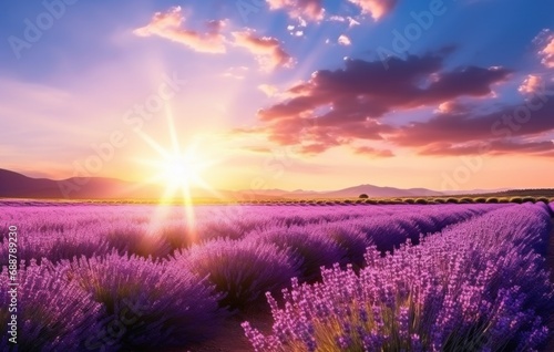 sunrise sun over lavender field in summer,