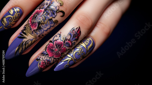 woman 's hand with beautiful manicure and flowers photo