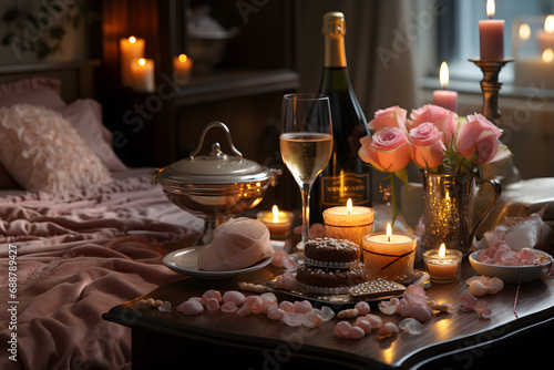 Table with roses, candles, bottle of champagne, glass of champagne and chocolates in a hotel room. Concept of romantic atmosphere, celebration, lovers, surprise, gift.