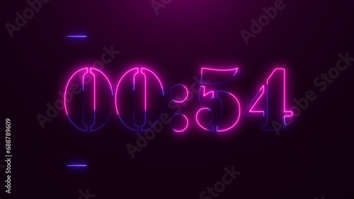Neon shiny 1 minute countdown from 1 minutes to 0. photo