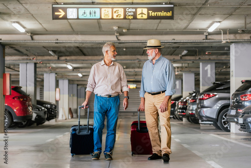 Aged friends walking at airport parking photo