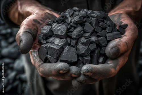 Coal mining in mine. Coal in hands of miner worker. Metallurgical coal for steel. Fuel for furnace heating. Metallurgical Resources, photo