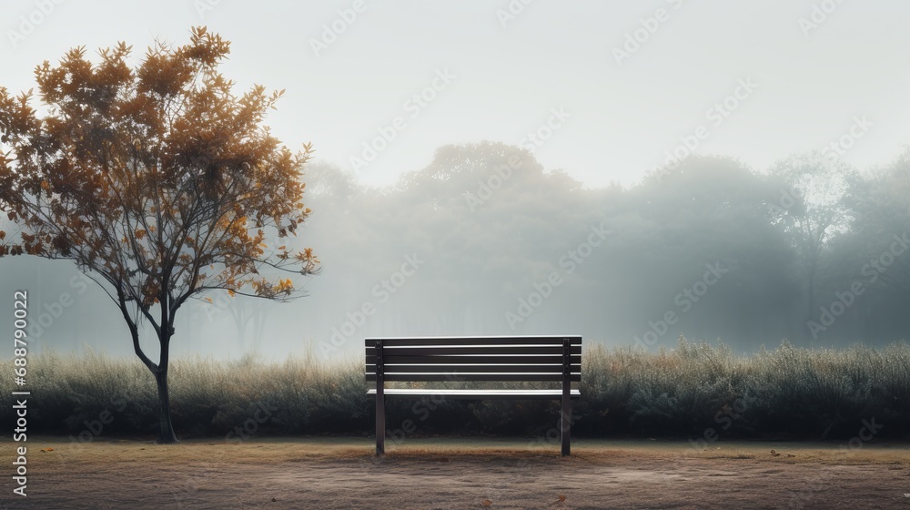 Serene Autumn Morning in a Foggy Park with a Lonely Bench and an Orange-leaved Tree Serene Autumn Morning in a Foggy Park with a Lonely Bench and an Orange-leaved Tree