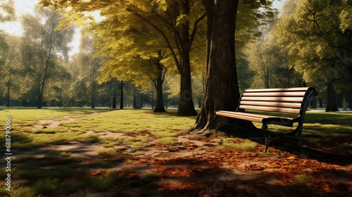 Serene Autumn Morning in a Minimal Landscape Park with Bench and Deciduous Tree