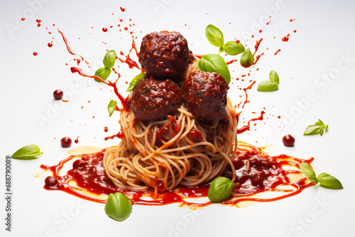 A pile of spaghetti with a splatter of sauce and meatballs on top.