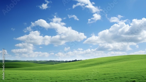 the green fields of the countryside under a blue sky