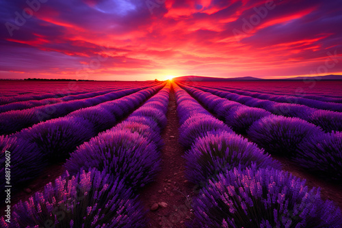 Epic landscape of lavender fields at sunset.