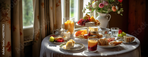 afternoon tea table setup ,food cheese plater, mixed assorted pastries and fruits ,delicious snacks and elegant display