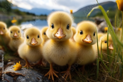 yellow ducklings peering curiously at the camera in a grassy terrain