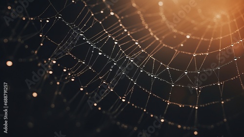 Intricate Spider Web with Dew Drops on Dark Background