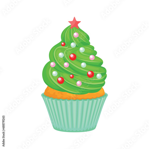 Christmas tree shaped cupcake isolated on white background. Muffin with green whipped cream decorated with colorful sprinkles. Festive dessert vector cartoon illustration.
