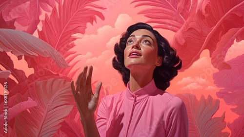 Exuberant woman presents her palm as if cradling invisible treasure  her expression ecstatic  a clear invitation to view the forthcoming promotion  all against a vibrant pink tableau.