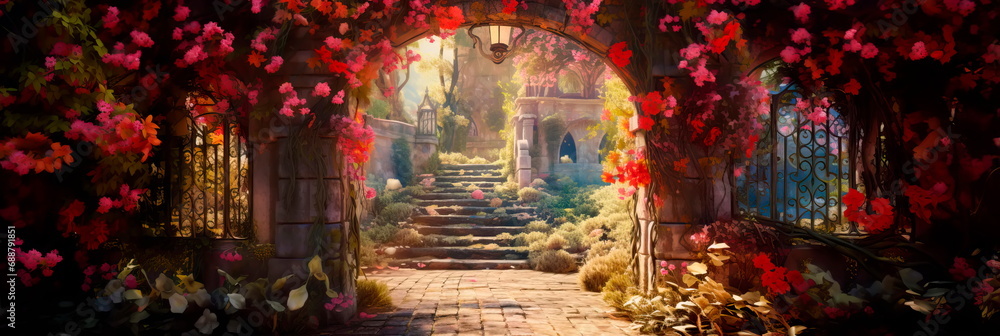 garden hidden behind an ivy-covered wall, with a wrought-iron gate, a variety of exotic flowers, and a magical, mystical ambiance.