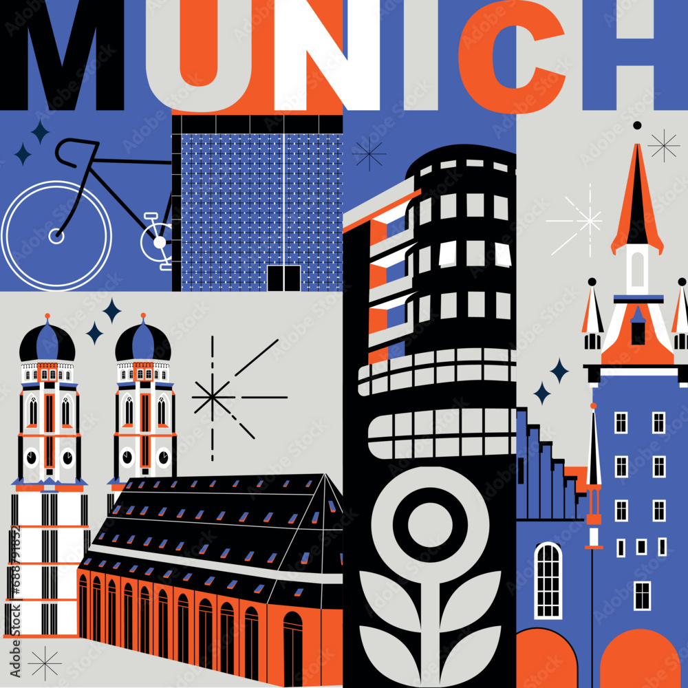 Obraz premium Typography word “Munich” branding technology concept. Collection of flat vector web icons. Culture travel set, famous architectures, specialties detailed silhouette. German famous landmark