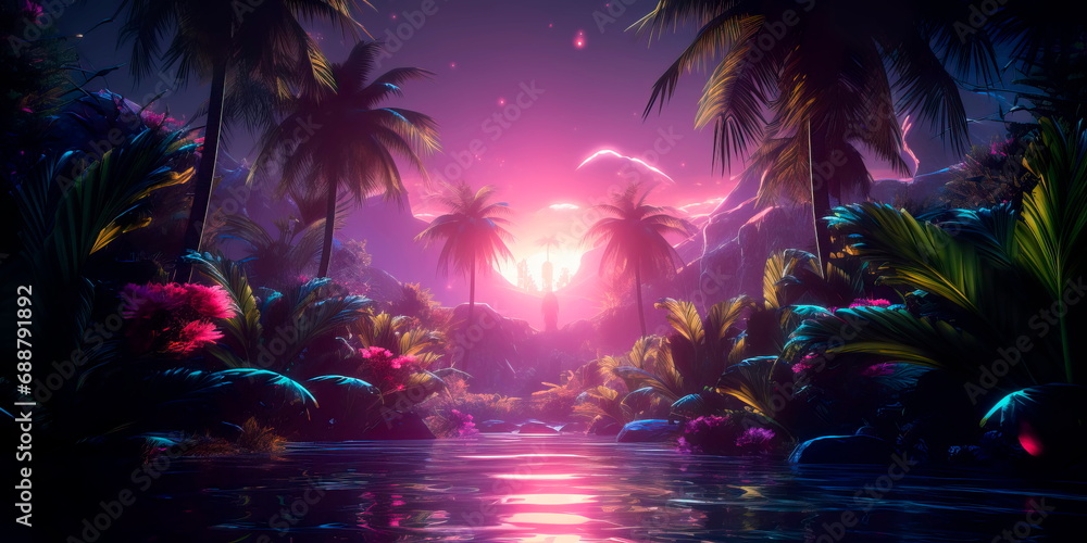 Neon Shadows of the Tropics play of light and shadows within a neon-lit tropical landscape - obrazy, fototapety, plakaty 