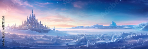 Foto winter castle atop a snow-covered hill, where an enigmatic sorceress conjures sp